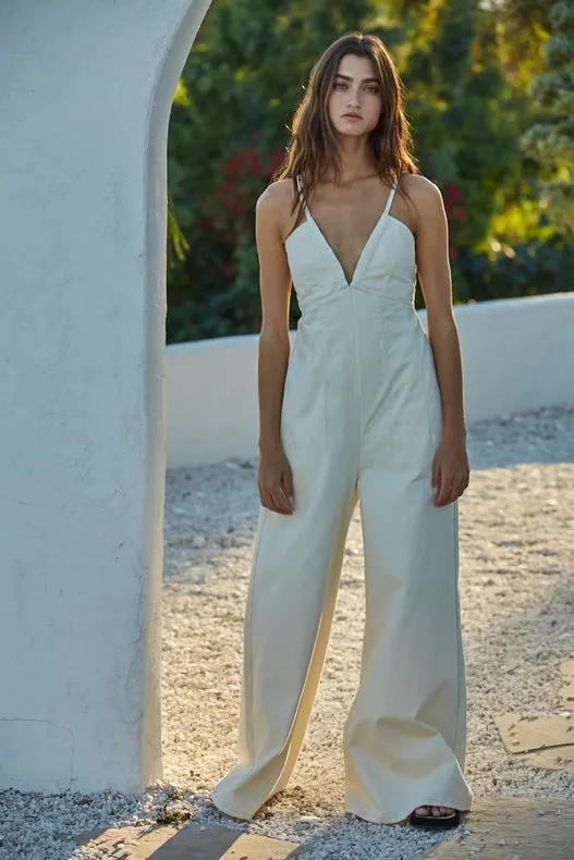 Denim Cotton Plunged V-Neck Wide Leg Jumpsuit Ivory