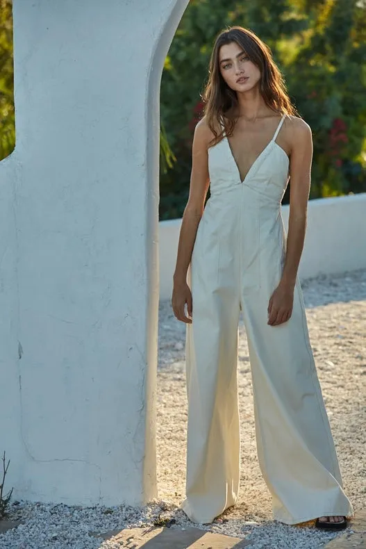 Denim Cotton Plunged V-Neck Wide Leg Jumpsuit Ivory