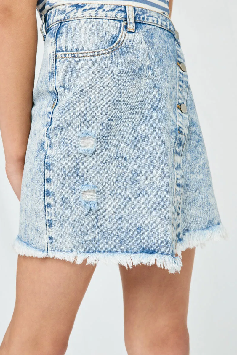 Distressed Asymmetric Wrap Denim Skirt