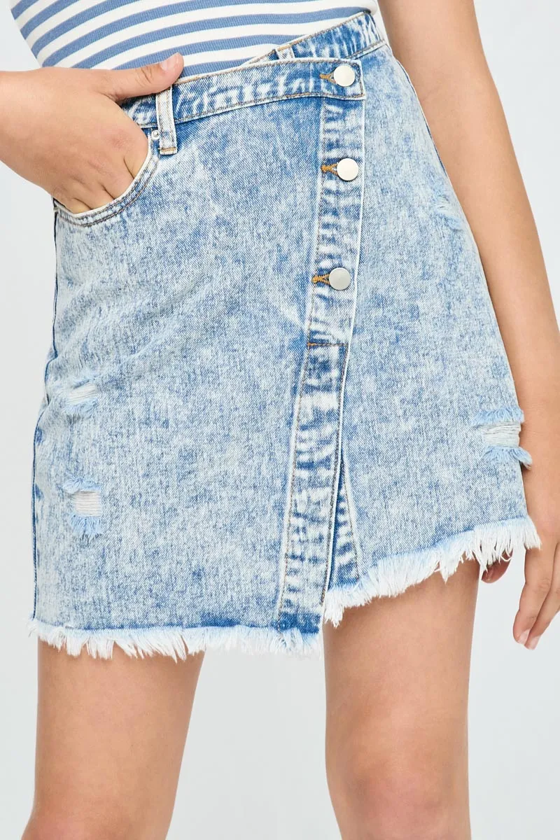 Distressed Asymmetric Wrap Denim Skirt