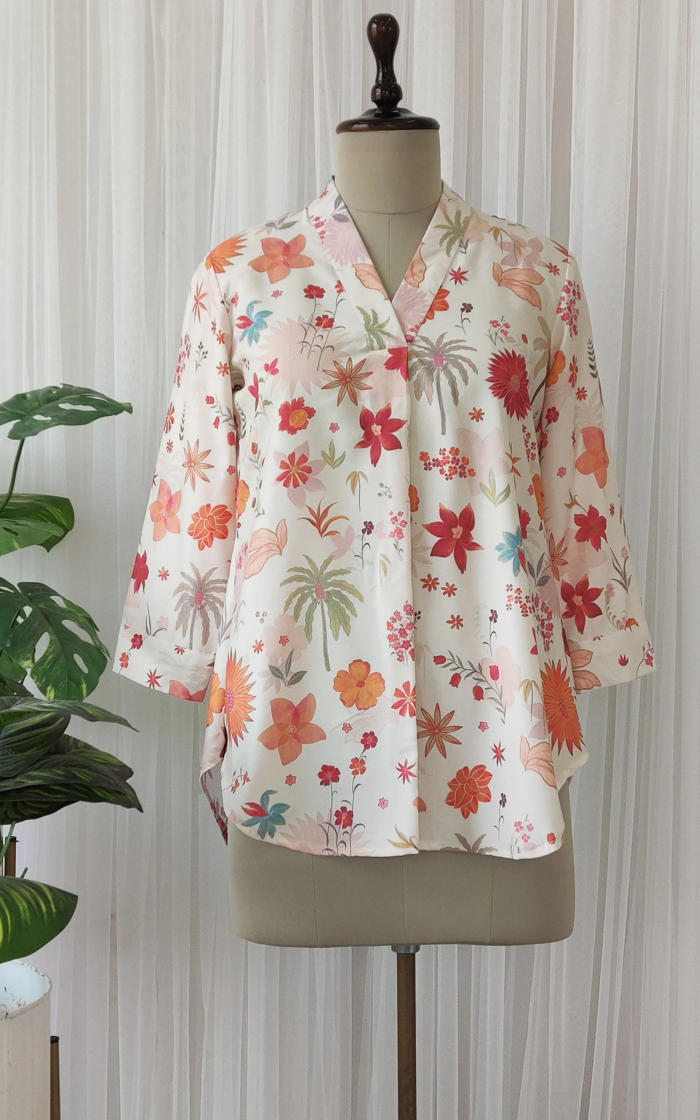 Ecru Tropical Print Crepe Top