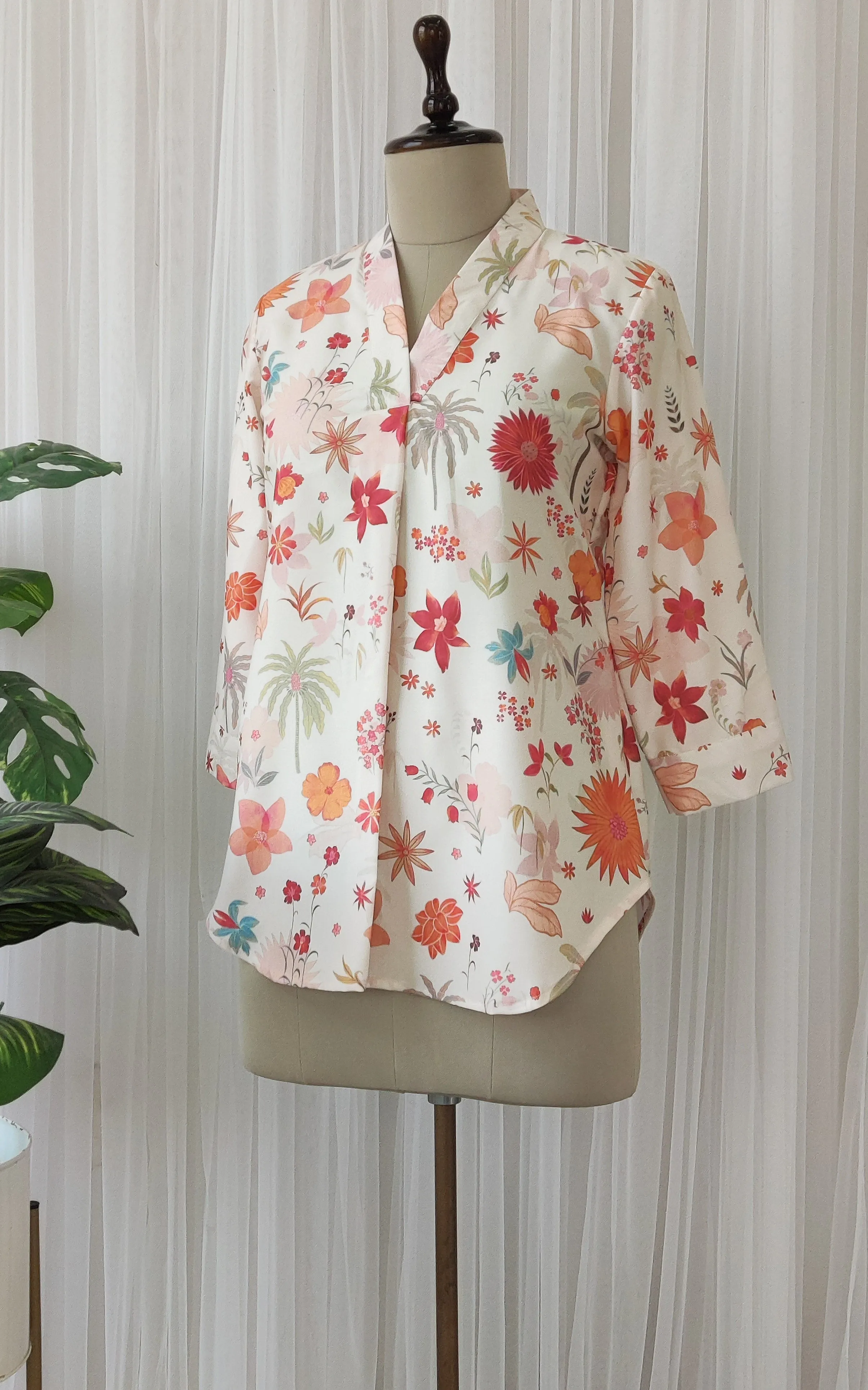 Ecru Tropical Print Crepe Top