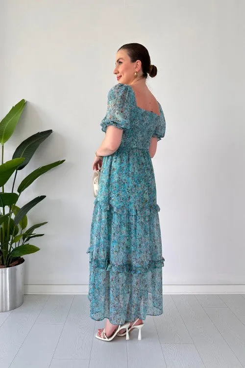 Elegant Floral Print Maxi Dress with Puff Sleeves