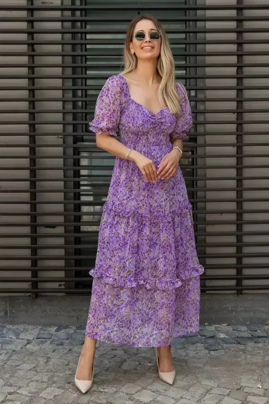 Elegant Floral Print Maxi Dress with Puff Sleeves