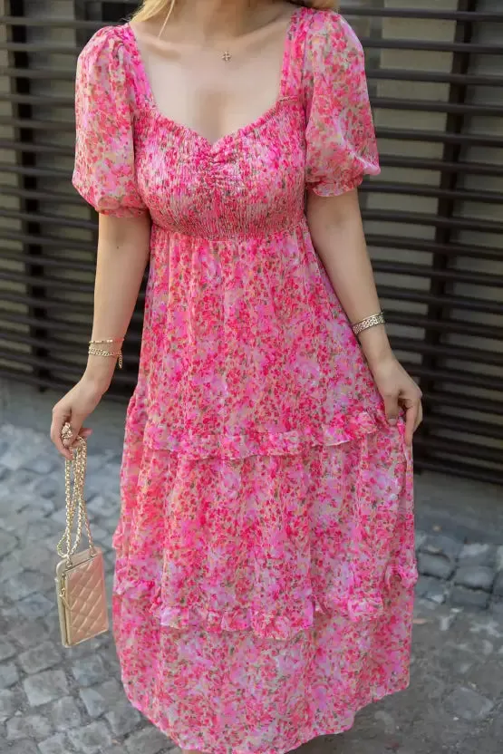 Elegant Floral Print Maxi Dress with Puff Sleeves