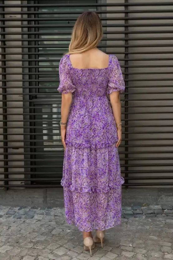 Elegant Floral Print Maxi Dress with Puff Sleeves