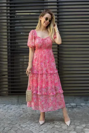 Elegant Floral Print Maxi Dress with Puff Sleeves