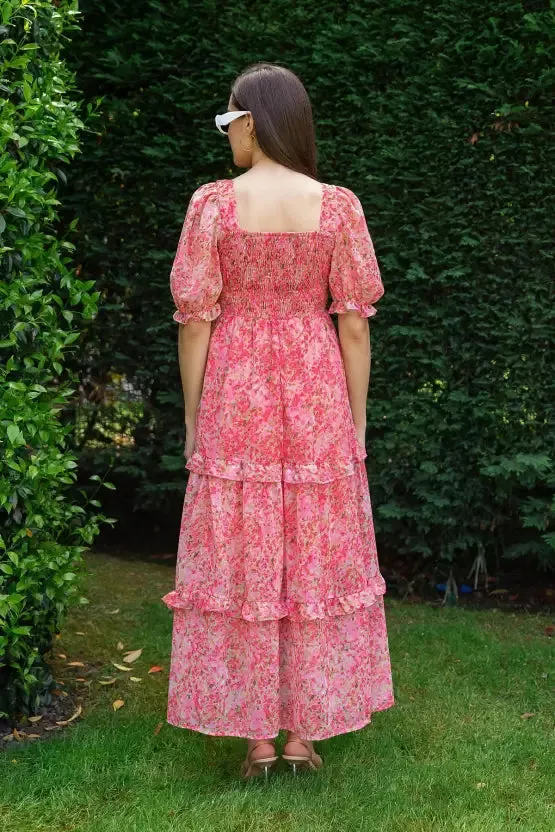 Elegant Floral Print Maxi Dress with Puff Sleeves