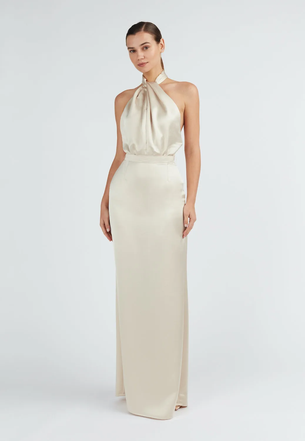 ELONA champagne satin evening maxi dress