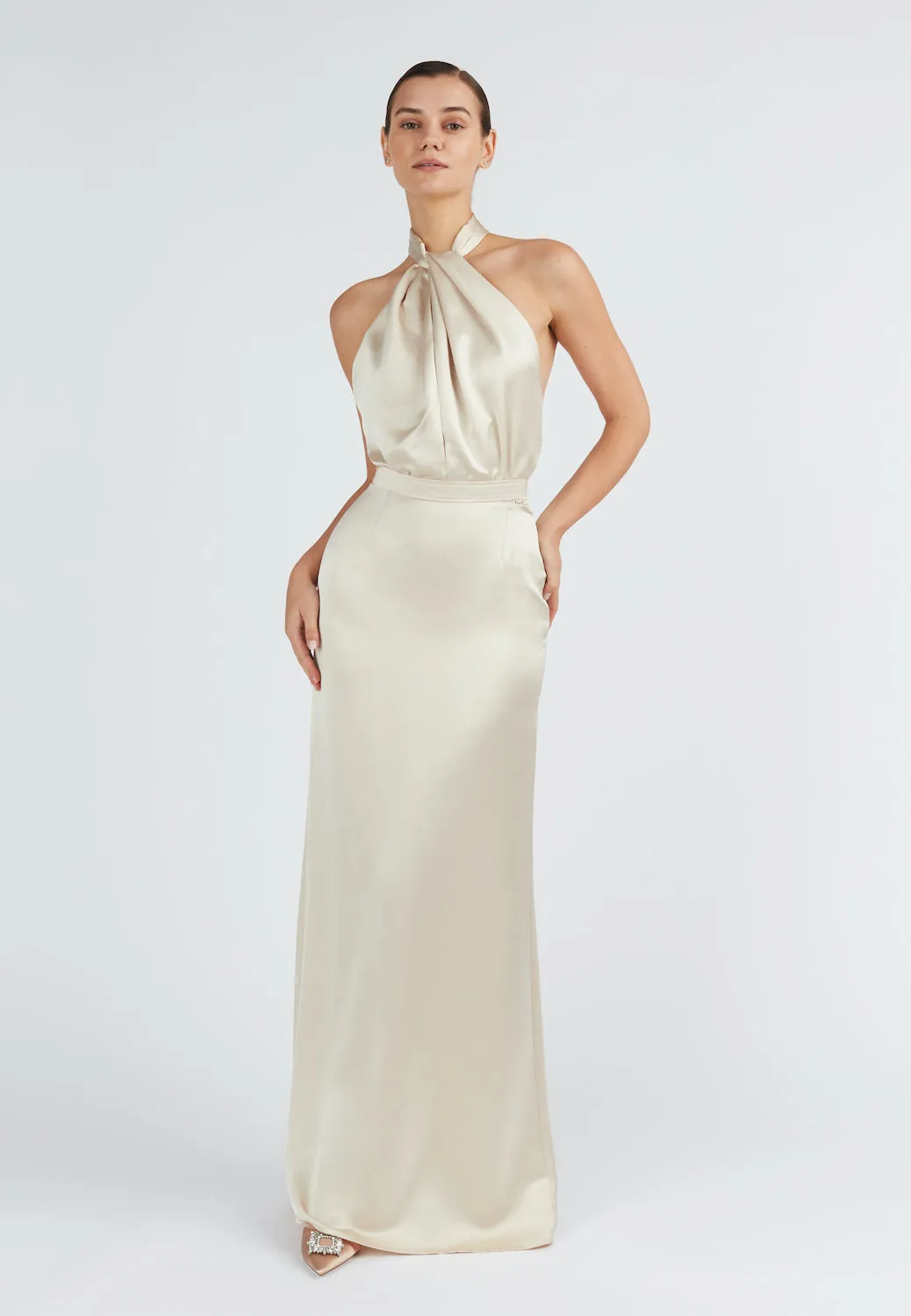 ELONA champagne satin evening maxi dress