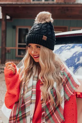 Fall Hike Faux Fur Pom Beanie in Black