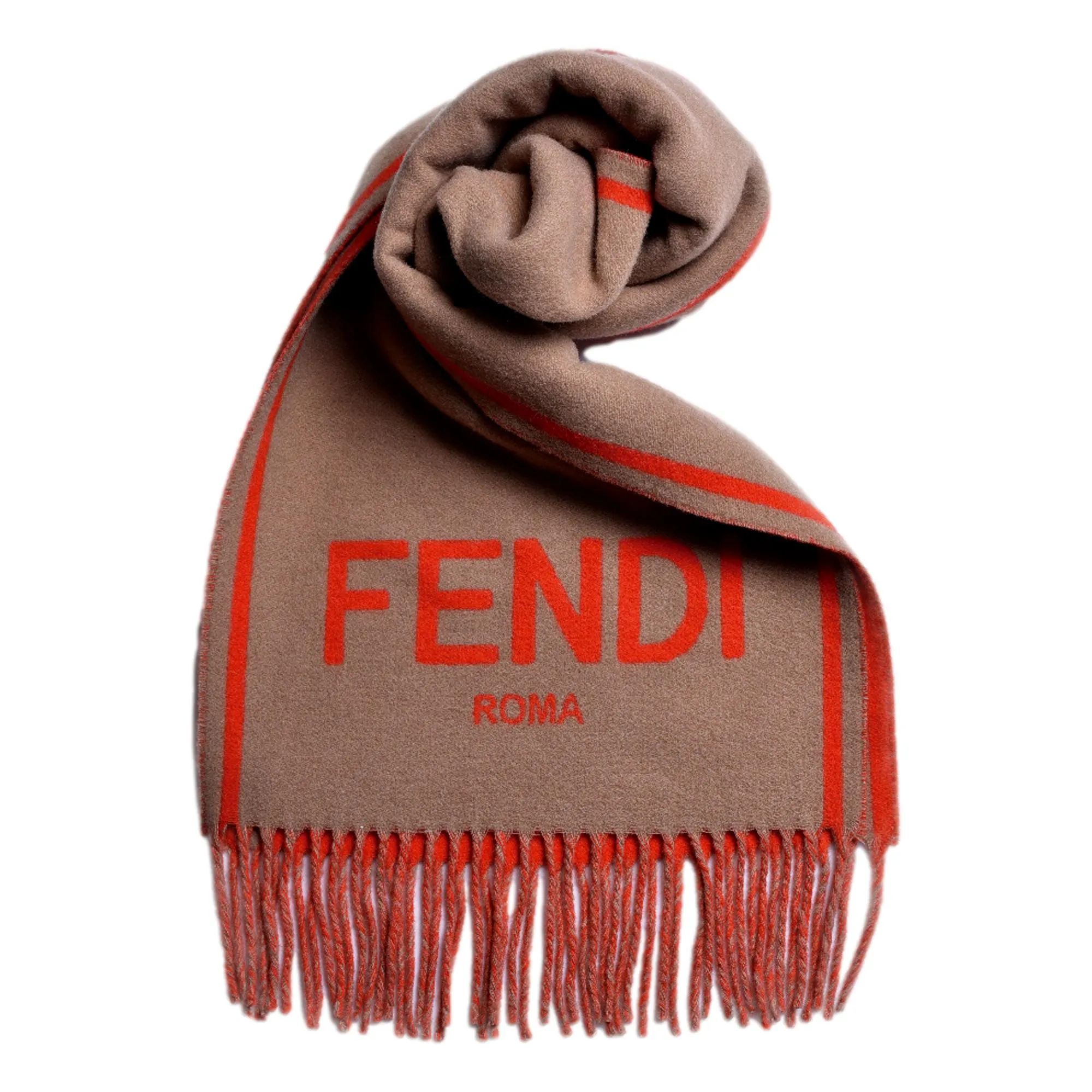 Fendi Roma Cashmere Scarf Beige Orange Logo