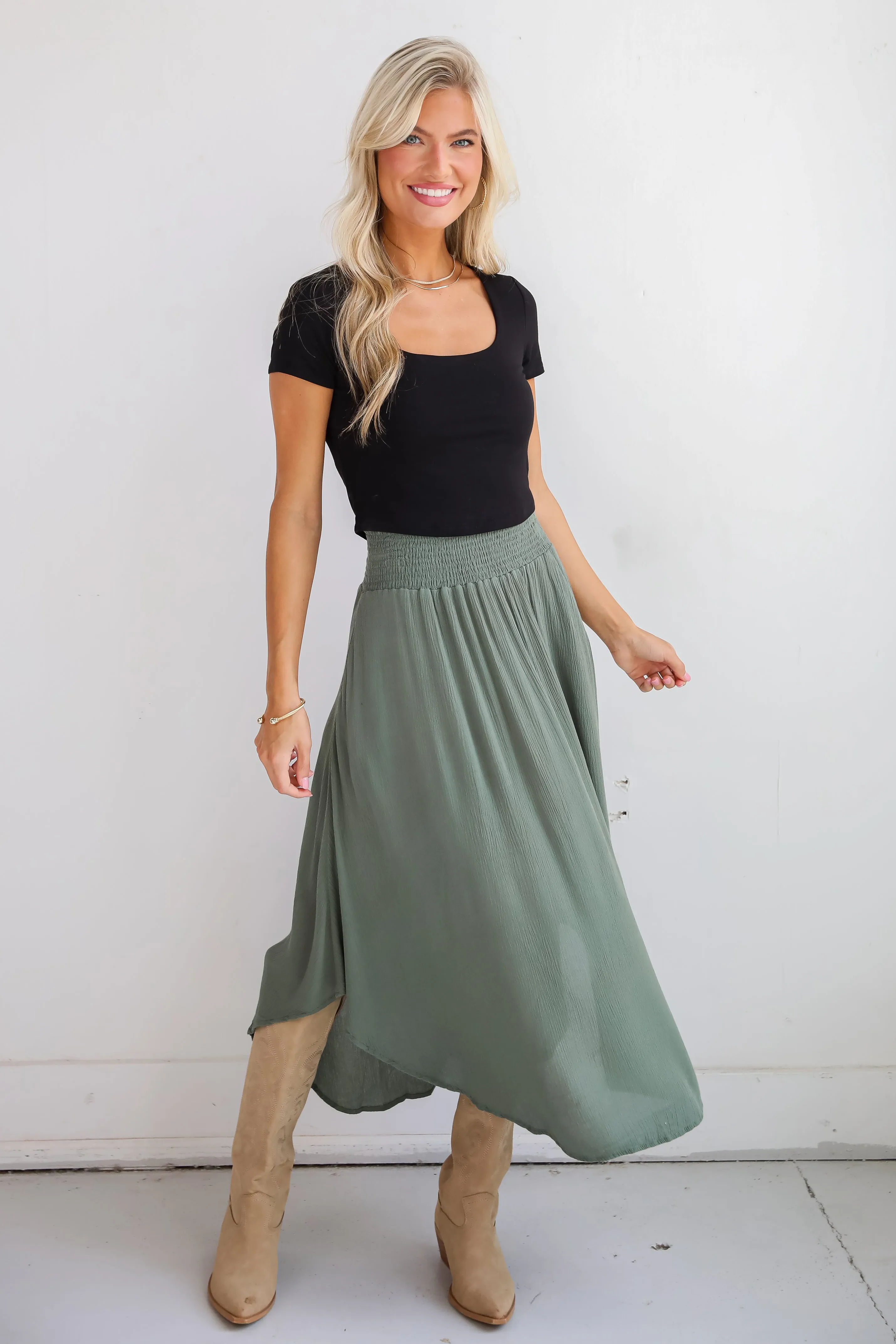 FINAL SALE - Sensational Purpose Olive Midi Skirt