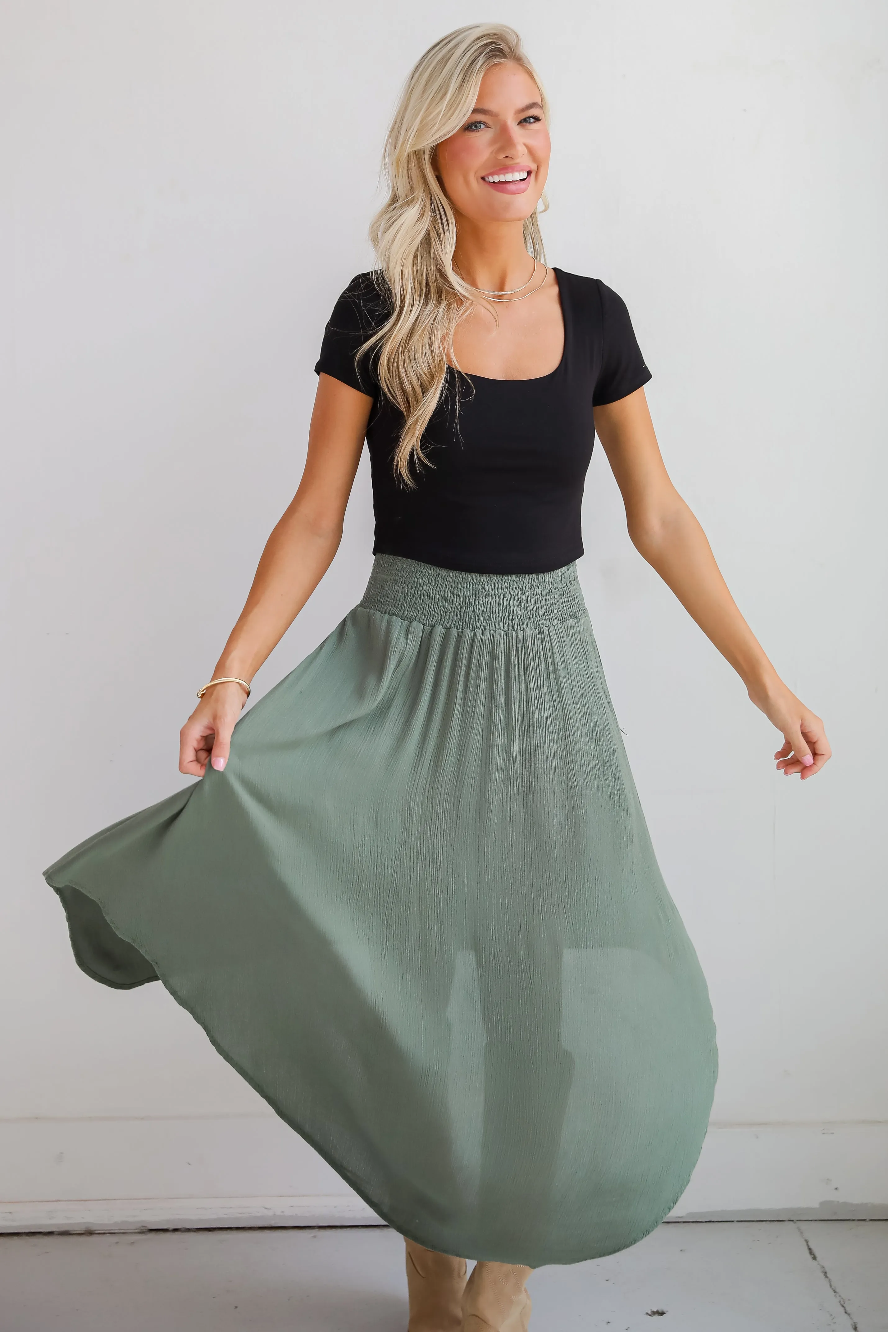 FINAL SALE - Sensational Purpose Olive Midi Skirt