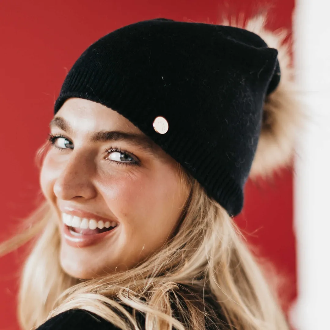 Fine Knit Fur Pom Slouchy Beanie