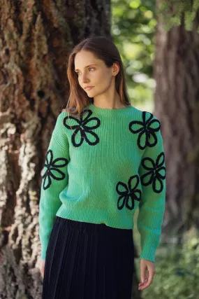 Flower Ribbon Sweater-Green/Black