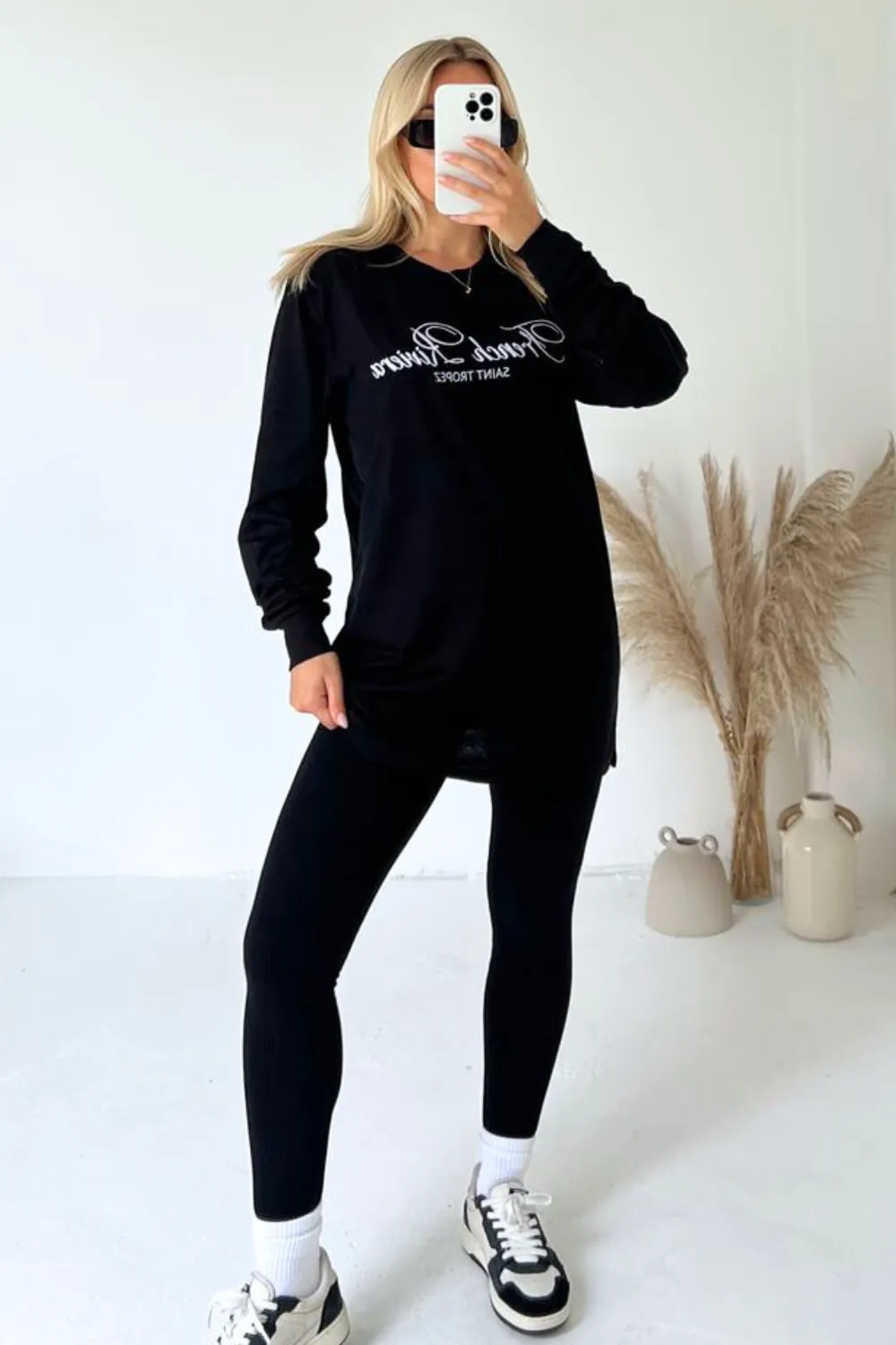 French Riviera black embroidered long sleeve t-shirt and leggings