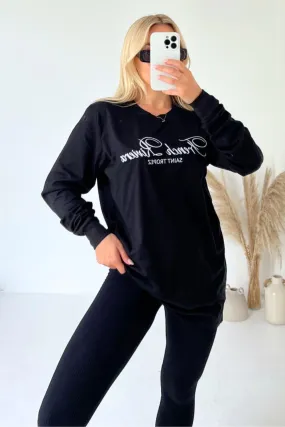 French Riviera black embroidered long sleeve t-shirt and leggings