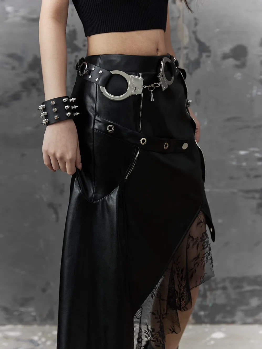 Frustration Garden Gothic Punk Asymmetrical Skirt - Black Faux Leather With Lace Trim And Chain