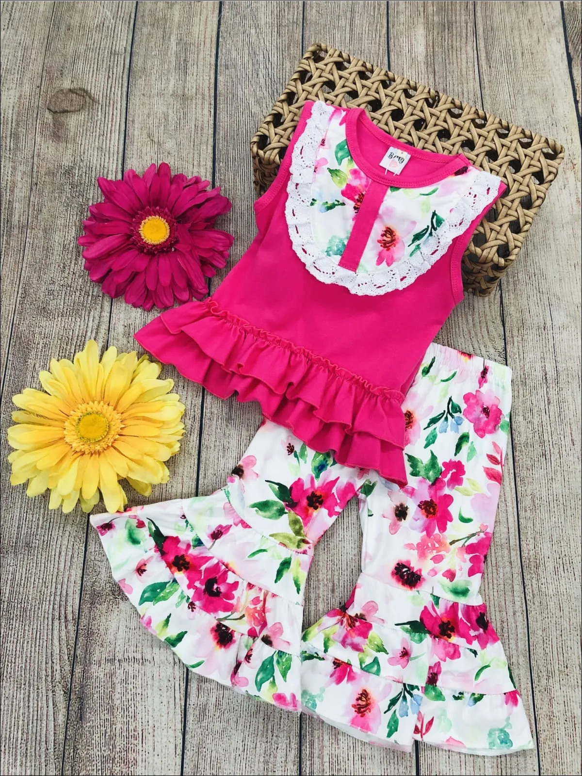 Girls Floral Crochet Ruffled Top And Flared Legging Set