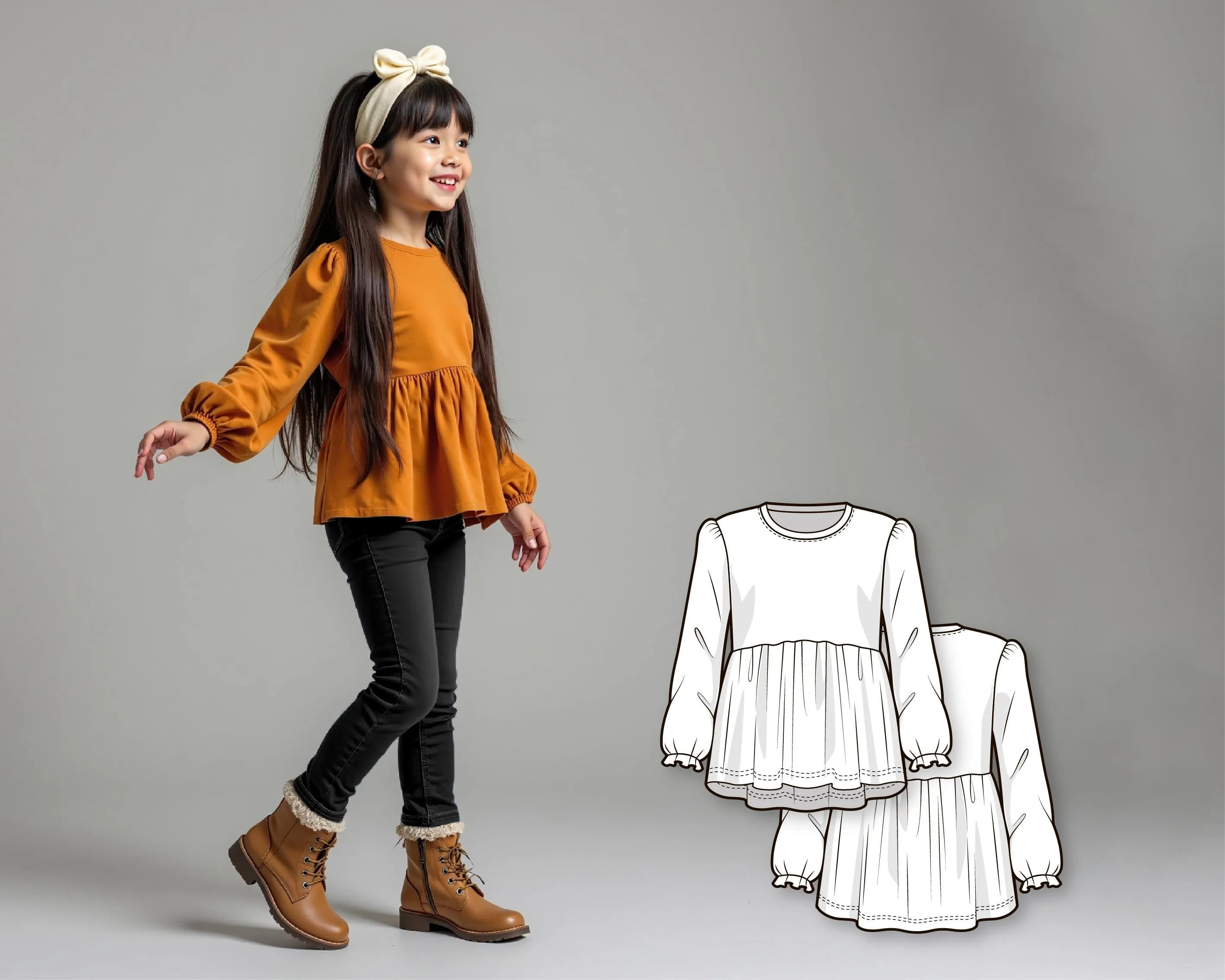 Girls Peplum Top Sewing Pattern PDF, Long Sleeve Tiered T-Shirt with Gathered Waist, Beginner DIY Printable Pattern for Kids