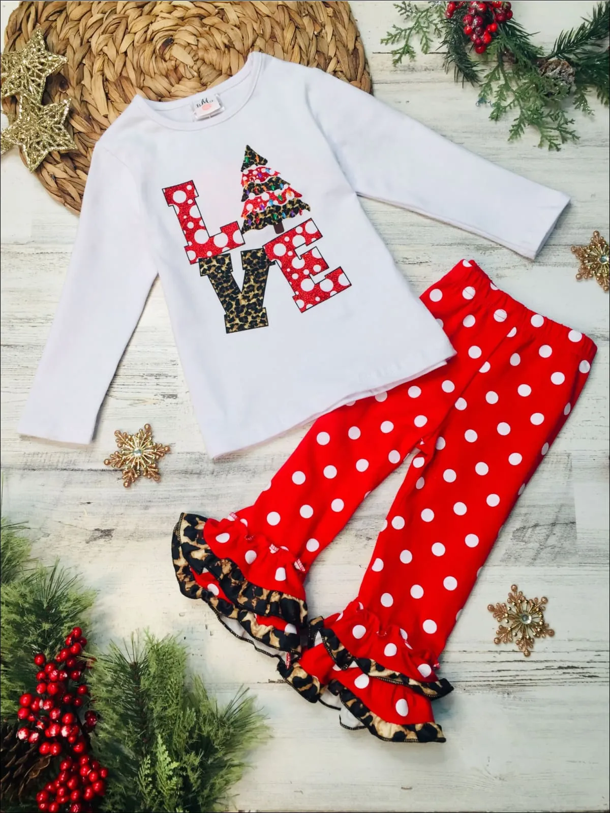 Girls "Love" Christmas Tree Top and Ruffled Legging Set