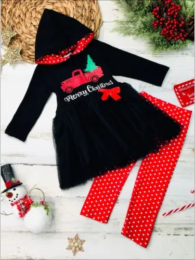 Girls "Merry Christmas" Truck Peplum Tutu Hoodie and Polka Dot Legging Set