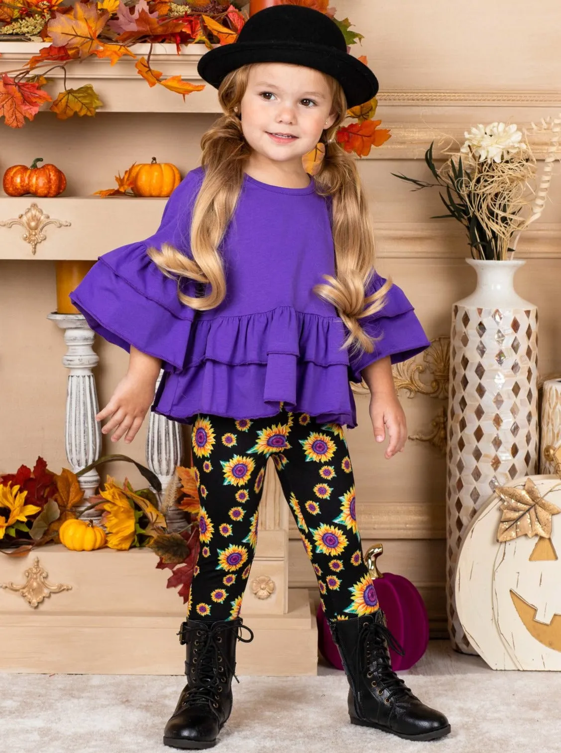 Girls Ruffled Boho Sleeve Peplum Top and Sunflower Legging Set