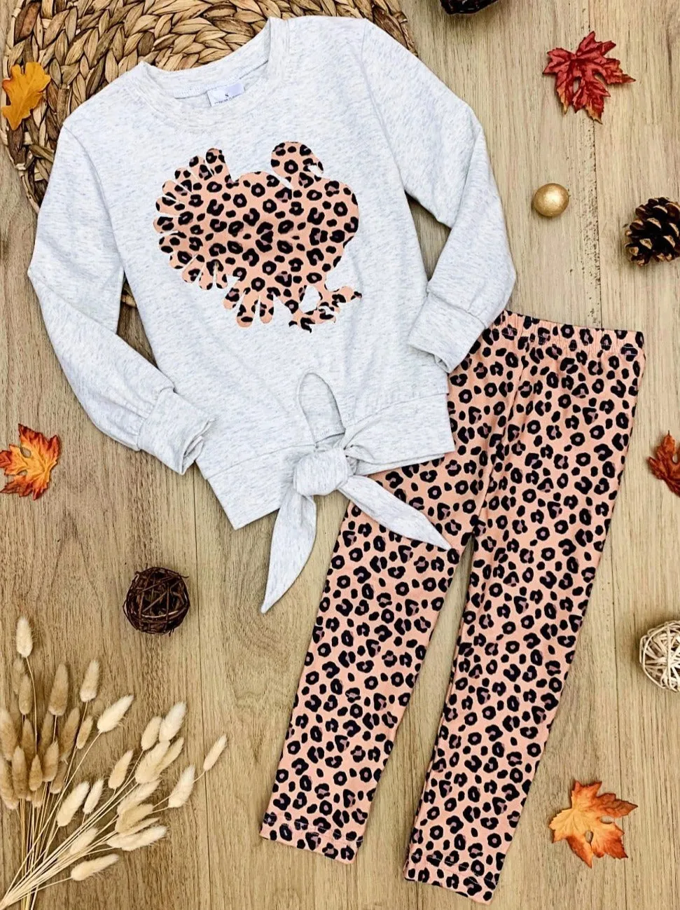 Girls Tie Knot Pullover Sweatshirt and Leopard Print Legging Set