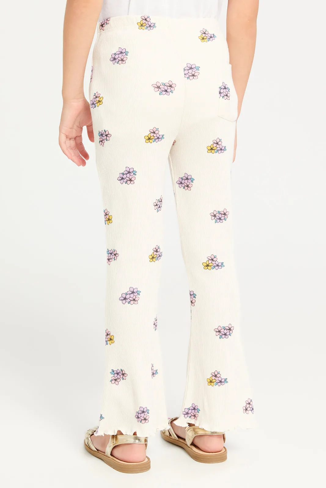 Girls White Floral Printed Leggings