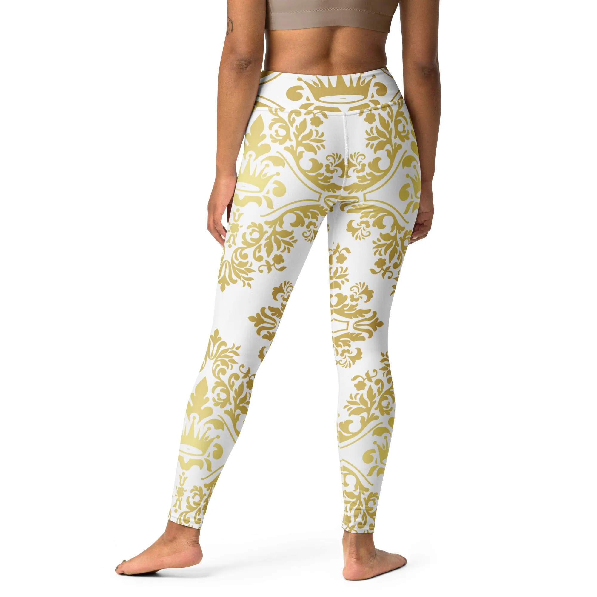 Gold and White Crown Design Yoga Leggings, lioness-love