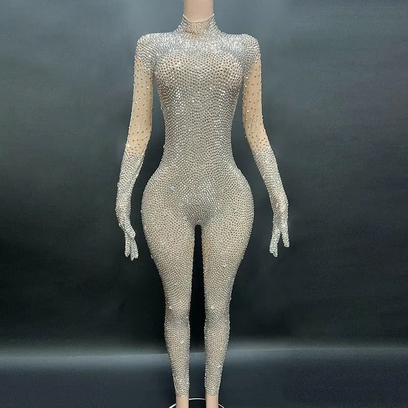 Gold Full-body Skin Tight Rhinestone Jumpsuit with Gloves