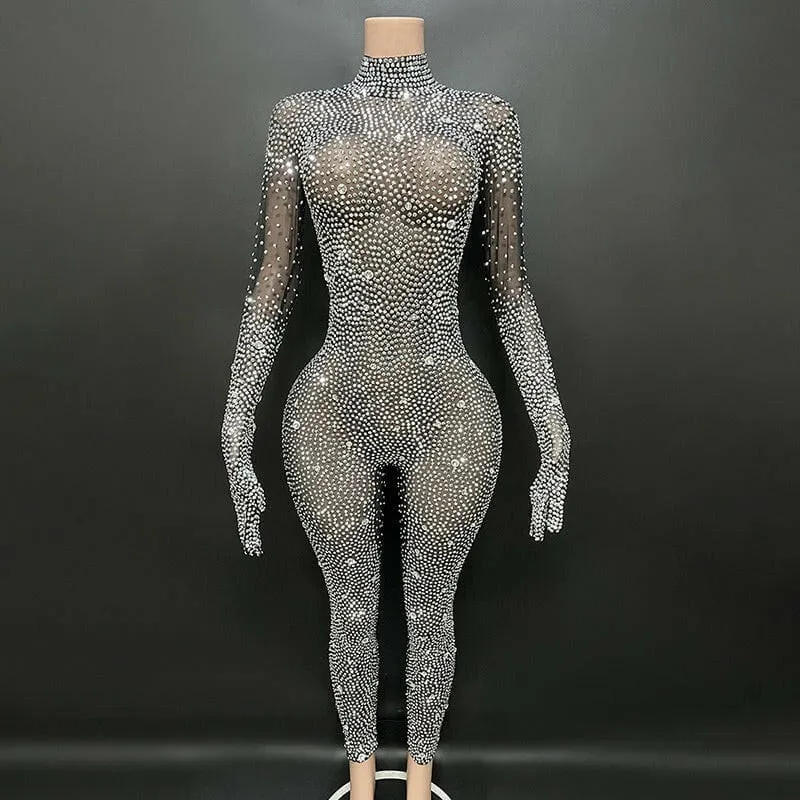 Gold Full-body Skin Tight Rhinestone Jumpsuit with Gloves