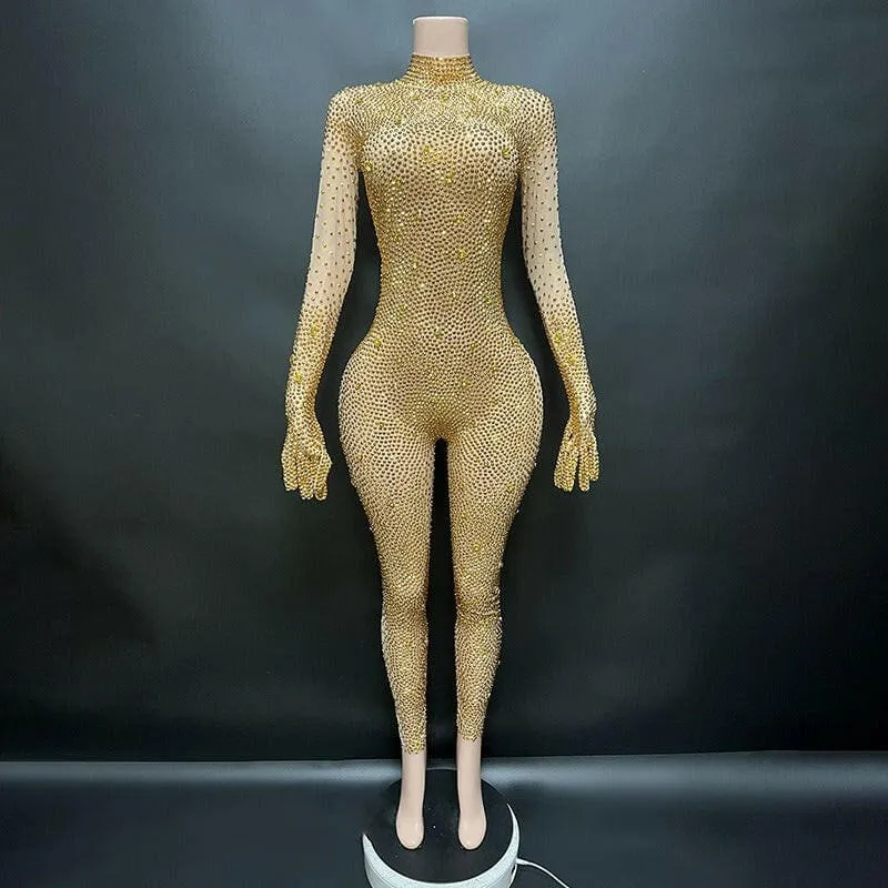 Gold Full-body Skin Tight Rhinestone Jumpsuit with Gloves