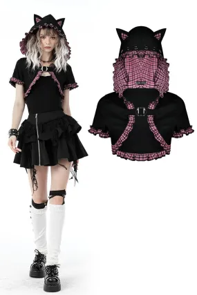 Gothic lolita pink plaid cat ear hoody cape BW105