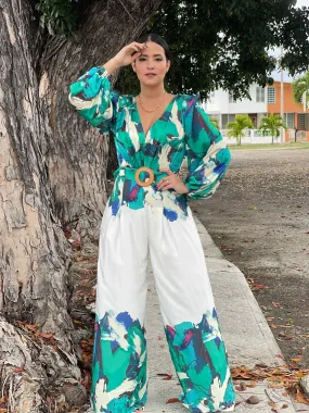 Green And White Abstract Jumpsuit