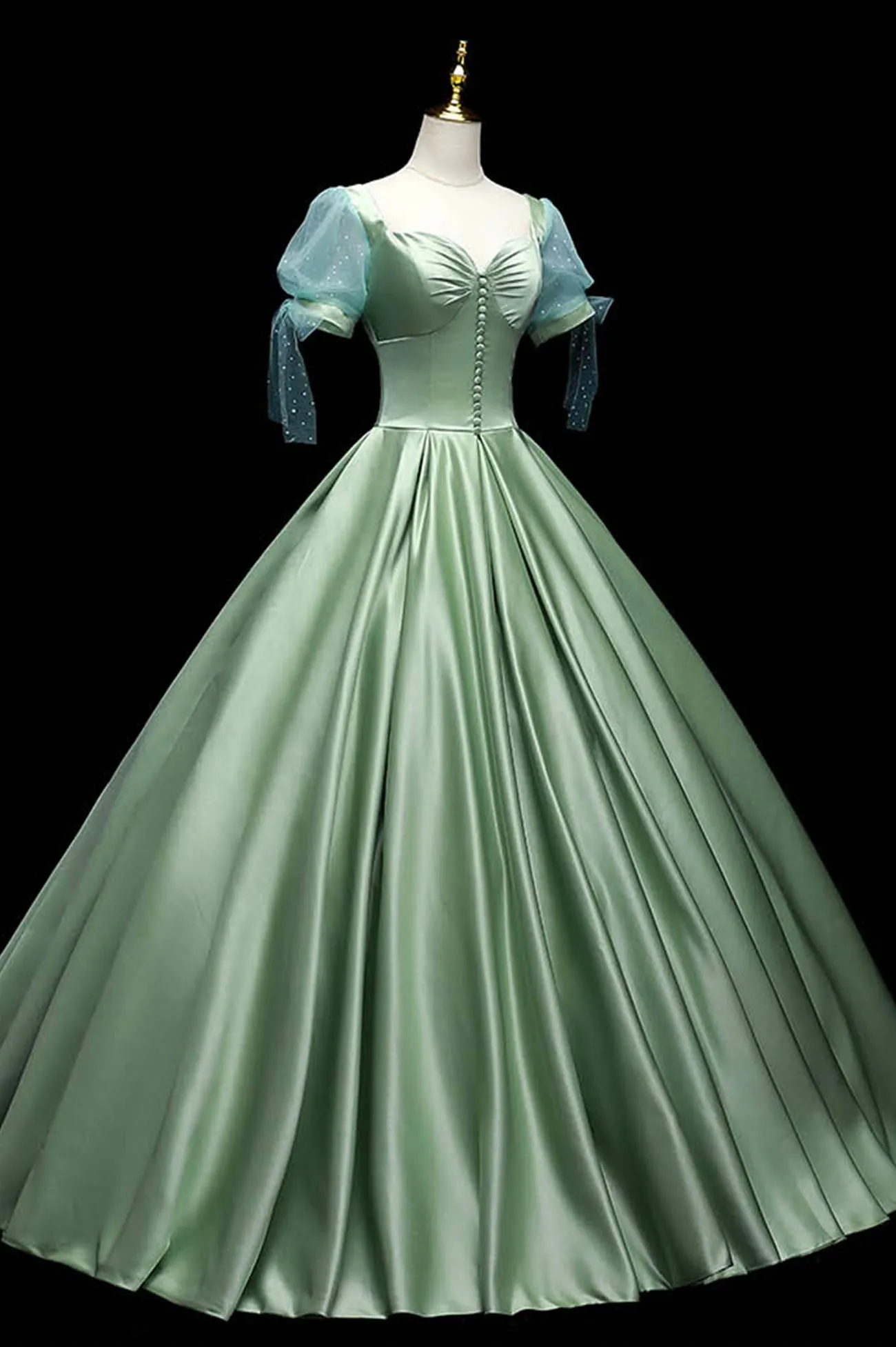 Green Satin Long A-Line Ball Gown, Green Short Sleeve Evening Gown