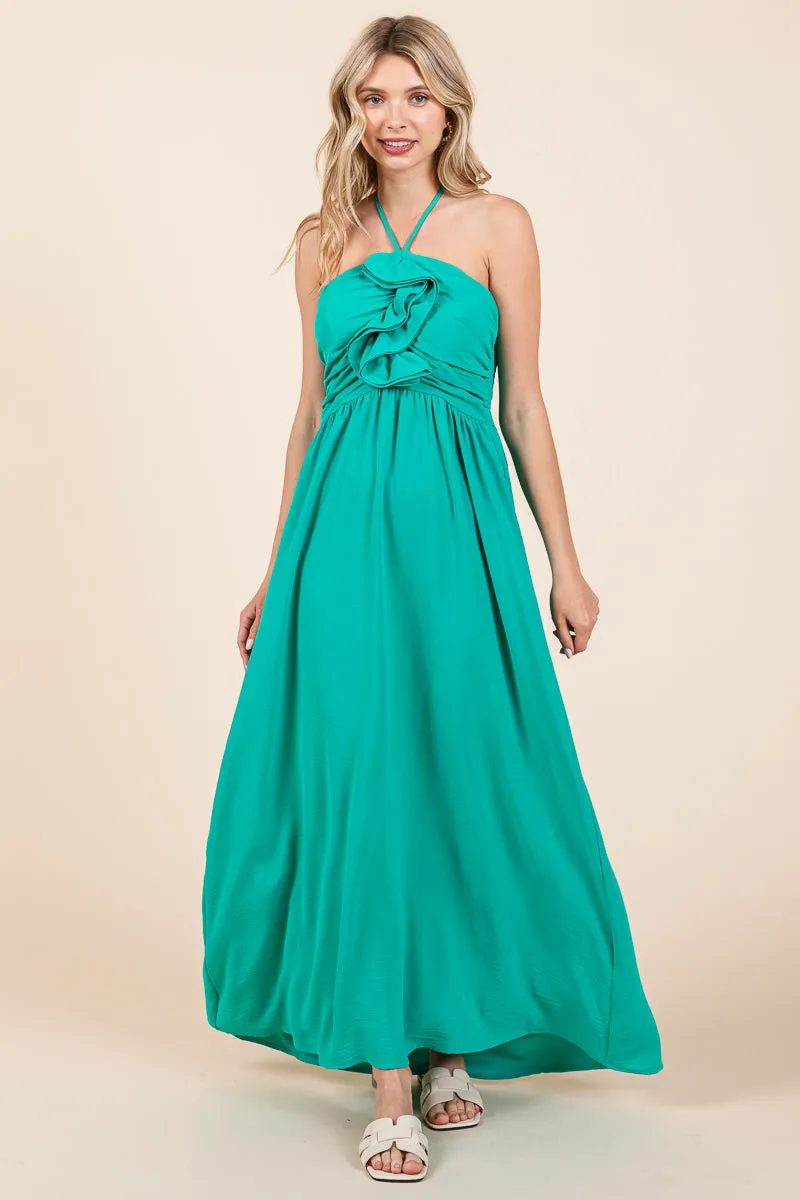 Halter Neck Smocked Embellished Maxi Dress