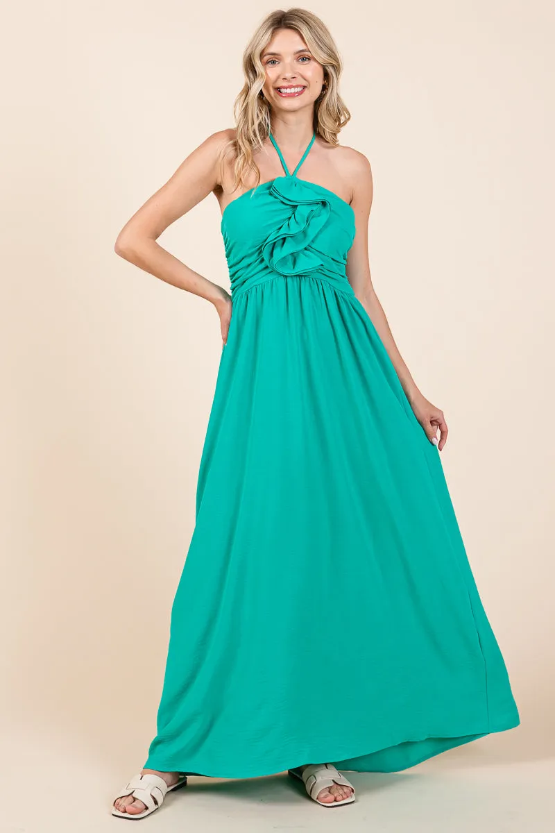 Halter Neck Smocked Embellished Maxi Dress