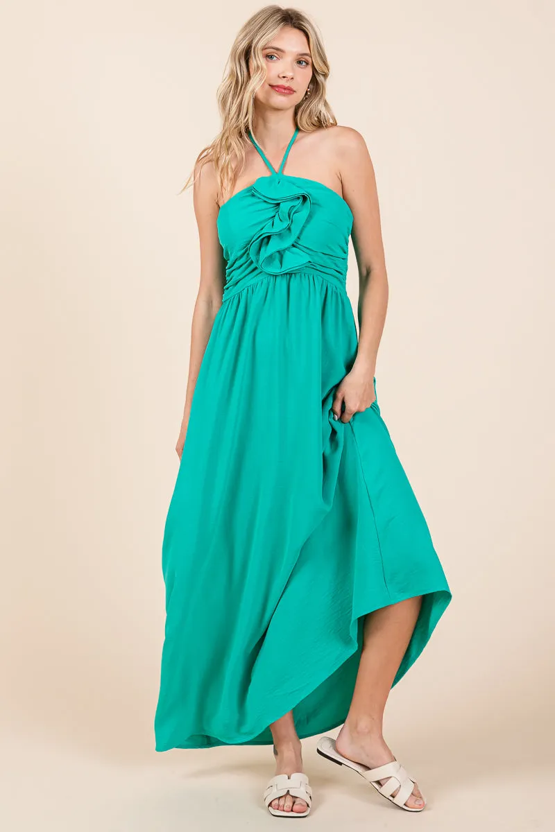 Halter Neck Smocked Embellished Maxi Dress