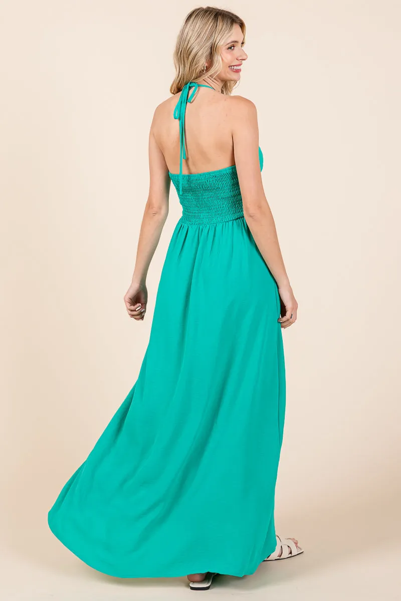 Halter Neck Smocked Embellished Maxi Dress