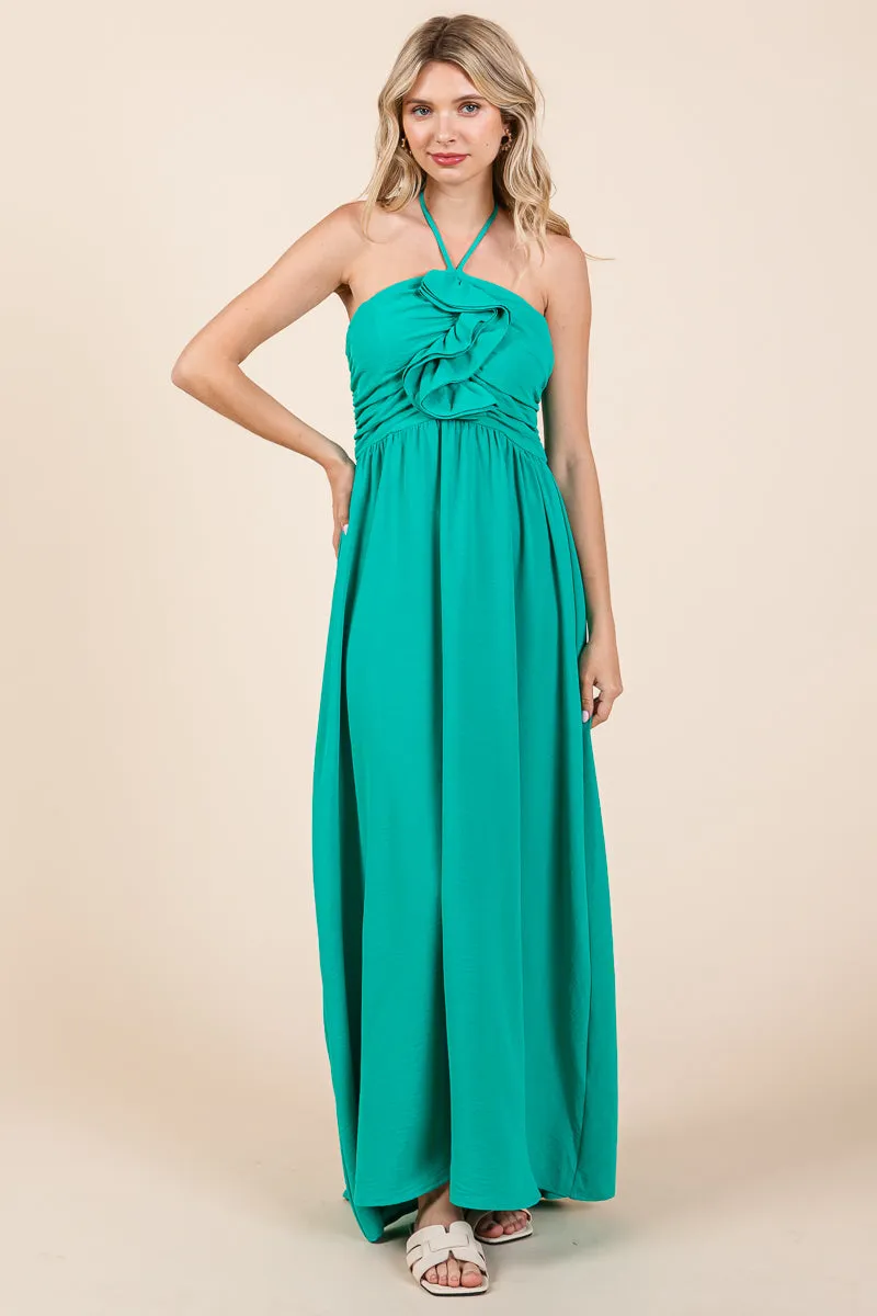 Halter Neck Smocked Embellished Maxi Dress