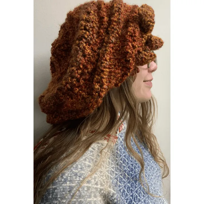 Handknit free form non wool Hat in rust tones and textures