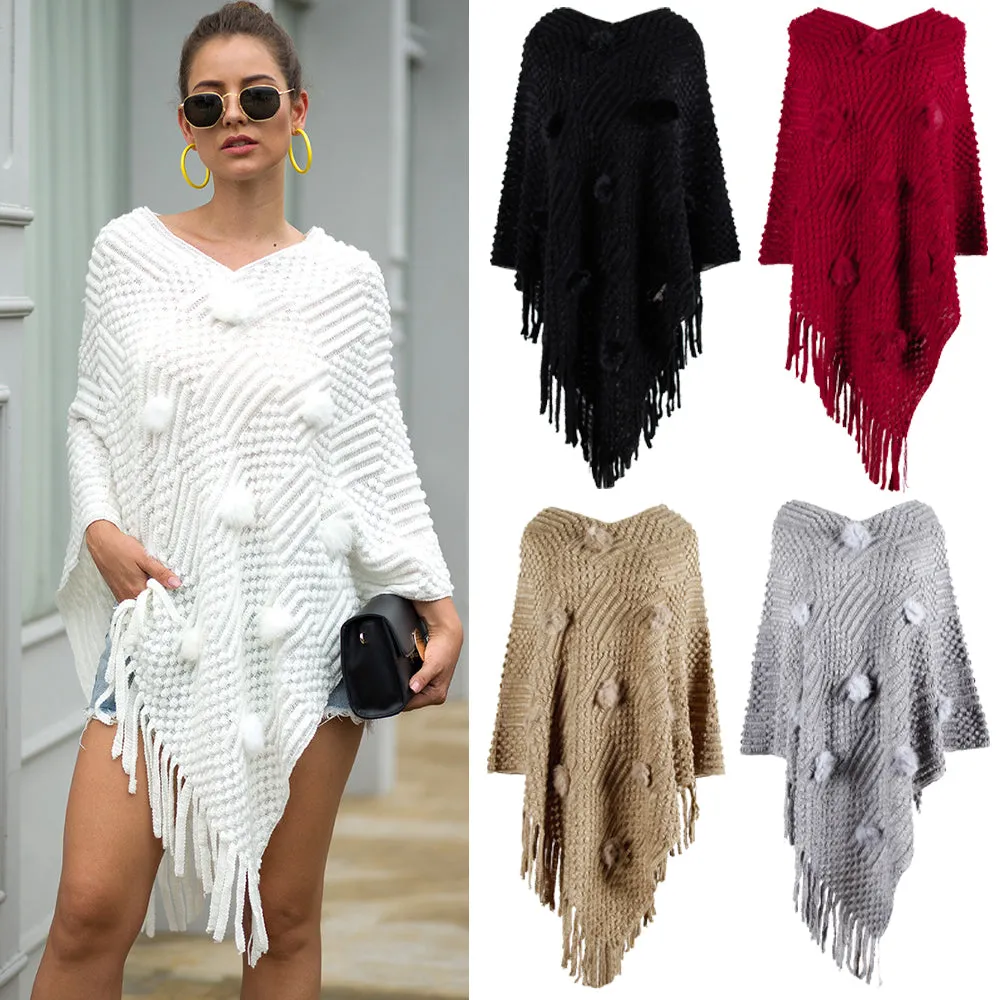 Haute Edition Women's Solid Fringed Sweater Poncho with Pom Poms. One size fits all (S-XL).