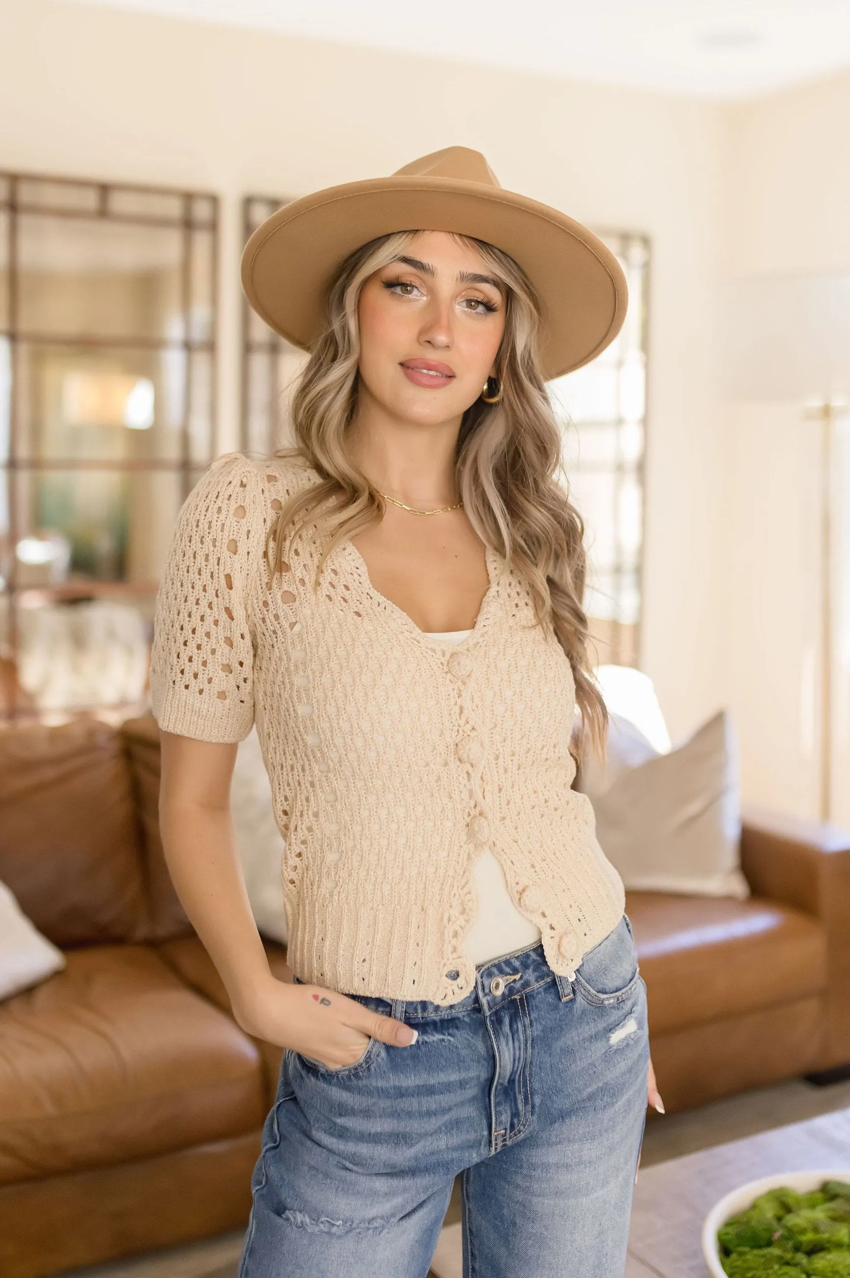 Heather Short Sleeve Button Down Crochet Top Ivory