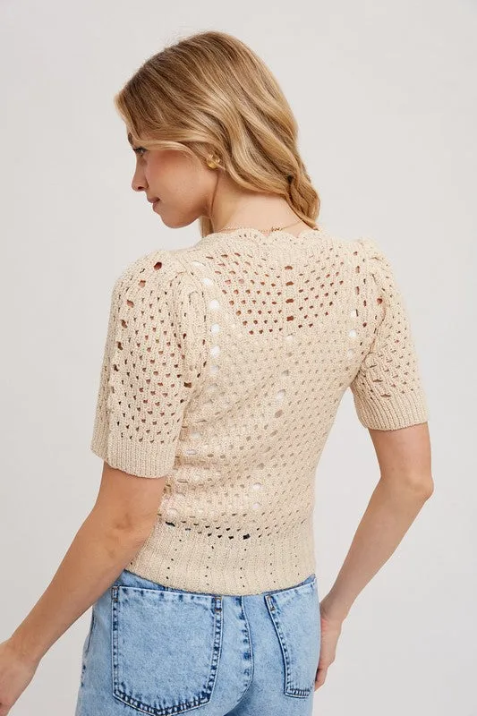 Heather Short Sleeve Button Down Crochet Top Ivory