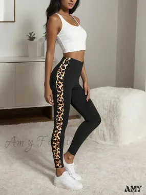 High Waist Leopard Print Side Panel Stretchy Sports Fitness Workout Tights Leggings