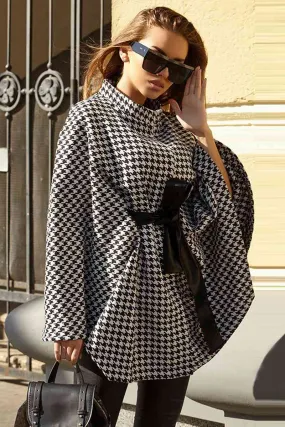 Houndstooth Tie Waist Cowl Neck Cape