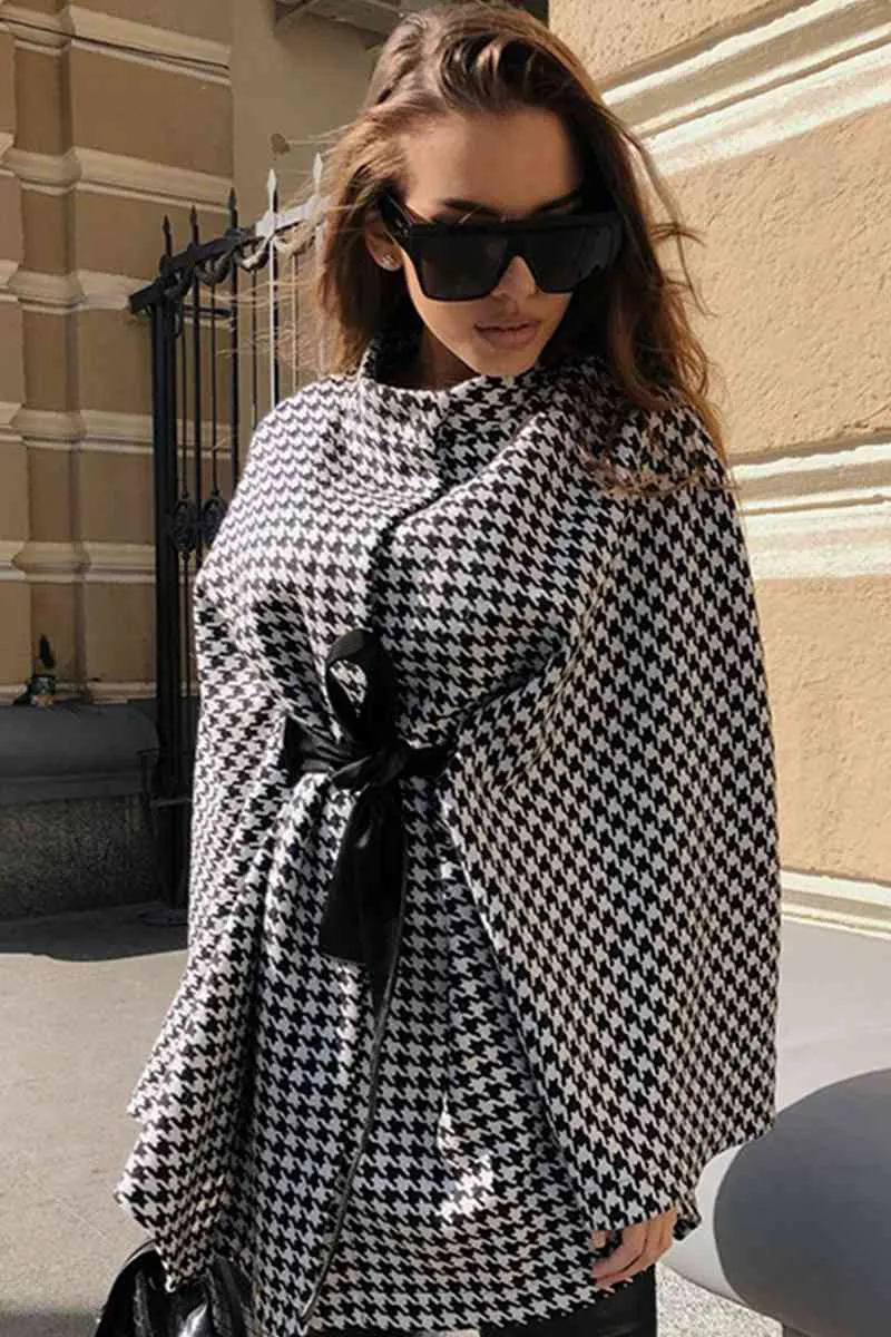 Houndstooth Tie Waist Cowl Neck Cape