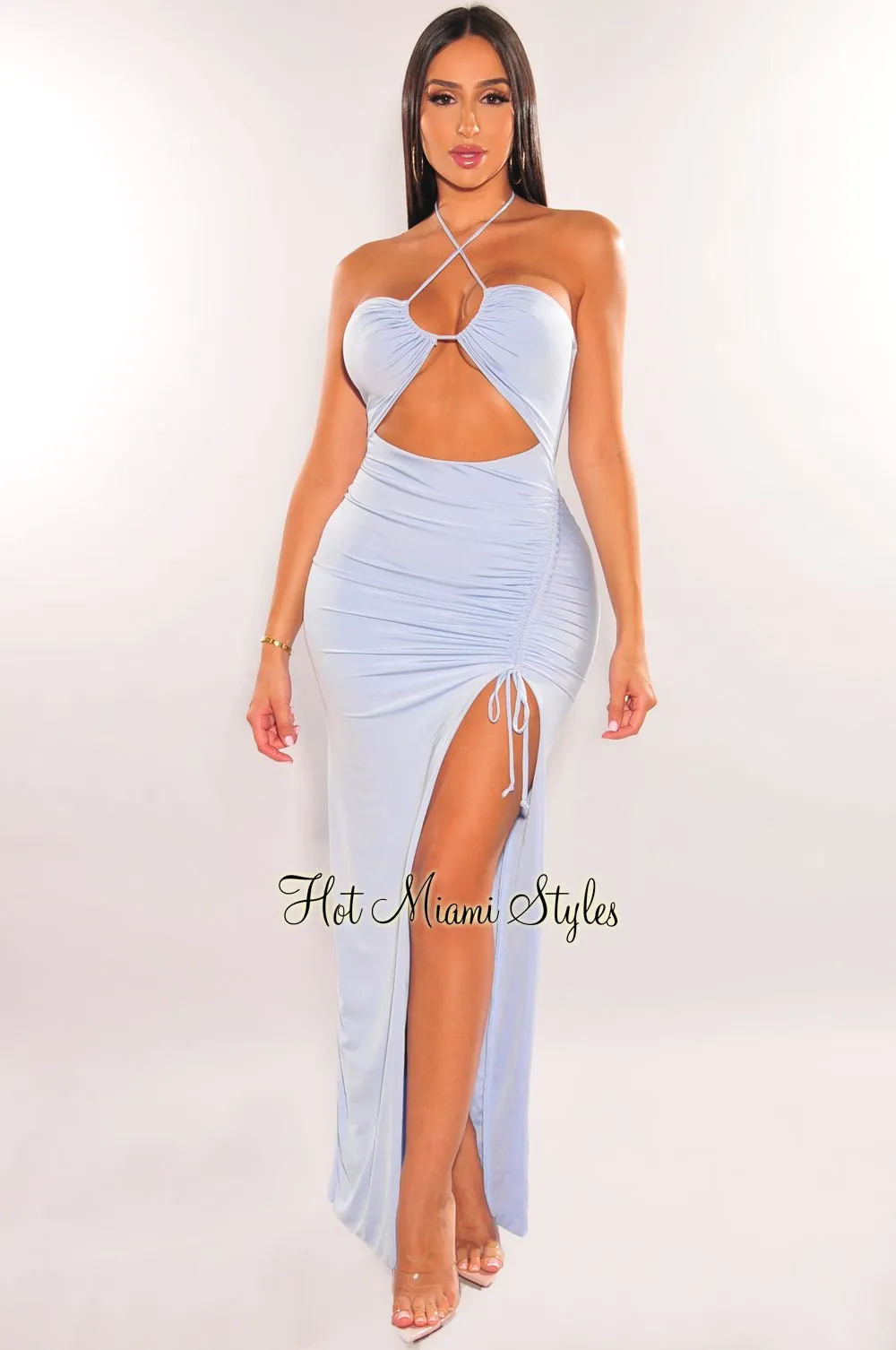 Iced Blue Halter Cut Out Ruched Slit Maxi Dress